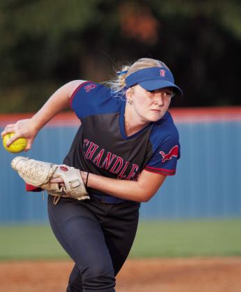 Chandler pitcher Paige Keeling pitches with intensity last week during the Lady Lions’ come-from-behind 6-3 victory over district rival Keifer. The fastpitch playoffs will be in full swing this week as the Lady Lions and other Class 3A and 4A schools join the Class 2A, A and B teams. Chandler was originally scheduled to host the regional Thursday, but it was moved to Tuesday. For more on fastpitch, see Page 1D. Photo/Brian Blansett