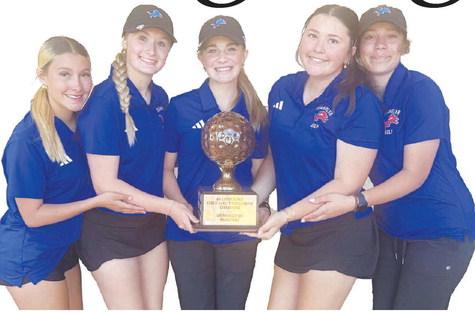 Above, the Chandler girls golf team poses with the 66 Conference championship trophy after winning the conference tournament last week. From left are Kallie Moon, Carley Frazier, Rhianne Dawley, Logan Allen and Journey Smith. Left, Stroud junior Jett Cooper follows through after a tee shot. Photos/Brian Blansett