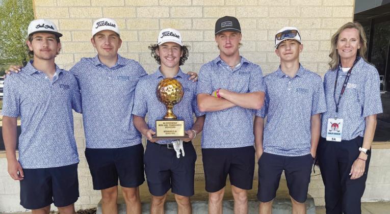 Stroud’s conference champion boys team. From left are Aydan Stancell, Jett Cooper, Colton Harrison, Reece Murfin, Mason Eversole and coach Sherri Simek. Photo/Brian Blansett