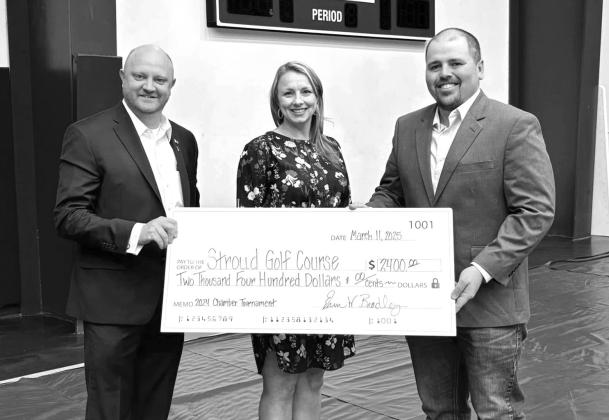 Adam Chace and Bridget Alexander, chairs of the Chamber’s Annual Golf Tournament, present a check to Josh Marting, the pro at the Stroud Golf Course. Photo/Stroud Chamber of Commerce