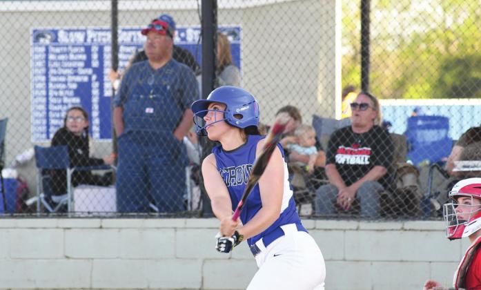 All eyes are on the ball that Stroud’s Jadyn Young just launched for a home run in the 66 Conference tournament against McLoud last week. Young had three homers on three successive pitches in the game. This was the middle one. Photo/Brian Blansett