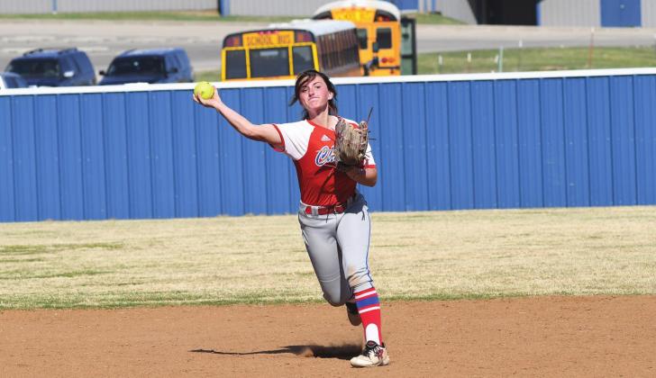 Chandler shortstop Grace Hulsey throws to first for an out in the Lady Lions’ first-round game against Meeker in the conference tournament. Photo/Brian Blansett