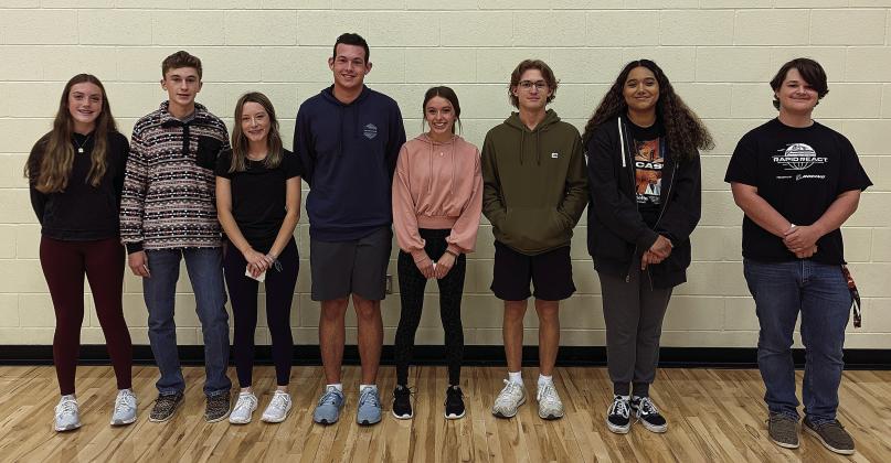 North Rock Creek High School recently announced its students of the month for October. From left, they are: Hadley Dyer (9th), Rayngle Wright (9th), Caitlin Walls (10th), Austin Nickles (10th), Aubree Gonzales (11th), Bo Gentry (11th), Symphony Green (12th), and Justin Lewis (12th)
