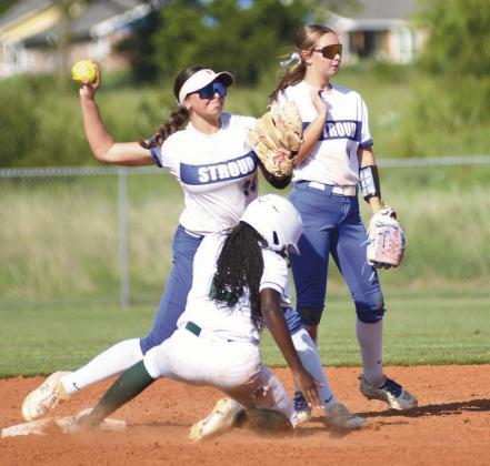 Shortstop Miyah Clark gets a forceout at second base during the Lady Tigers’ game against Muskogee in the Cushing tournament. Photo/Brian Blansett