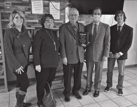 Pictured above from left to right, Stroud Chamber of Commerce Vice President Cathy Ramsey, Mary Kay Van Tuyl, Stroud Superintendent Joe Van Tuyl, Stroud Chamber of Commerce President Kyle Anderson and Junior Chamber of Commerce President Logan Miller. Photo/submitted.