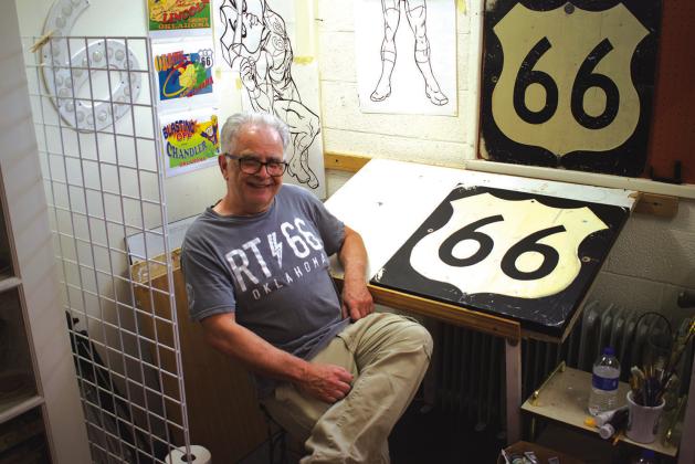 On the left, McClanahan Park comes together in the run up to its grand opening event on July 4. On the right, Jerry McClanahan, the park’s namesake, poses in his studio located in Chandler. Photos/Andrew Frazier