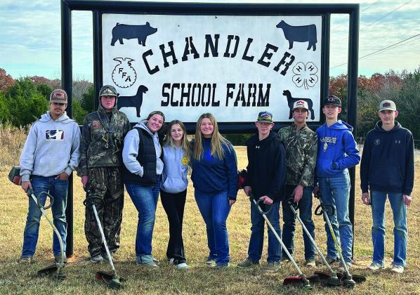 Last week, the Chandler FFA chapter conducted its annual fire hydrant weed eating. Students cut grass around the hydrants for easier access in case of an emergency and also picked up trash. Pictured above at the school farm are Aiden Rednour, Jackson Frank, Riley Shafer, Ava White, Jillian frank, Caden Burbach, Weslyn Seward, Landon Harkins, Tanner Vaughn.
