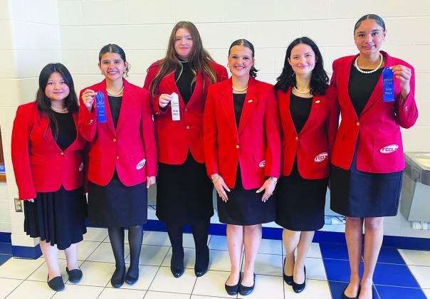 The Chandler FCCLA competed at District Star events at Stroud High School on Nov. 13. Alyssa Lee was an event timer; Kierra Jones placed first in Recycle, Reduce, Reuse; Sara Blackhart placed third in Creed Speaking and Interpretation; and Celina Whiteside placed first in Recycle, Reduce, Reuse. Pictured are (from left to right) Lee, Jones, Blackhart, Royanna Berry (President N5), Bailey Treanor (Vice President N5) and Whiteside. Photo/Cynthia Snider