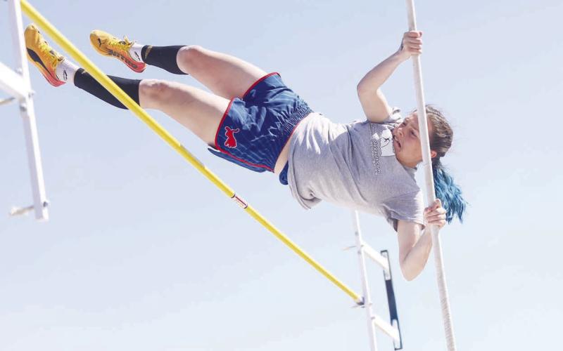 Adelaide Furtado competing at the Hennessey track meet on Friday. She cleared 10 feet and one inch, typing the Chandler school record. Photo/ Mario Holland