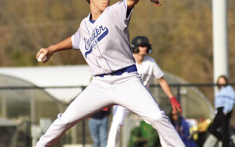 Bryson Taylor delivers a pitch Monday against Meeker. Photo/Brian Blansett