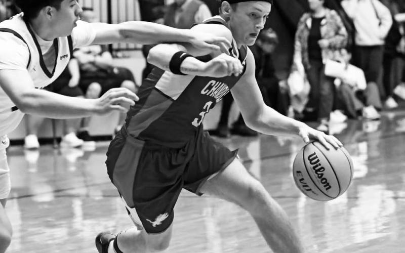 Above, Davenport coach Danny Acord talks to his team during a second-half timeout in their area tournament win over Union City. Below, Chandler guard Zaedyn Hankins penetrates the Sequoyah defense during the Lions’ win Saturday in the regional finals. Photos/Brian Blansett