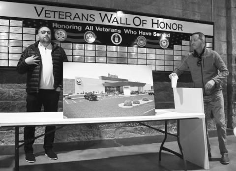 Iowa Tribe of Oklahoma Chairman Jake Keyes (left) goes over the tribe’s new casino, which is currently under construction west of Chandler on Route 66. Iowa Tribe General Counsel Billy Shephard helps to set up renderings. The tribe plans also to build a hotel and event/convention center near the casino. Photo/Emily Kalka