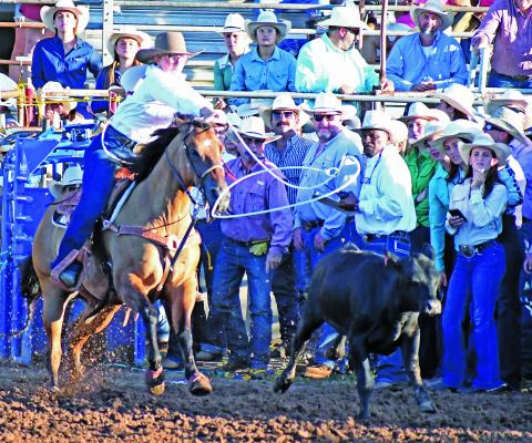 Above, Lexi Helmick of Meeker throws a loop during breakaway roping Sunday night at the International Finals Youth Rodeo in Shawnee. The rodeo continues through Friday night with the championship short go-around. Right, Marley Miller from Chandler heads her horse to the timer line during pole-bending competition in the Monday morning performance Below, bareback bronc rider Blake Huddleston from McLoud comes out of the chute on his bronc Sunday evening. Photos/Brian Blansett