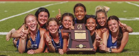 Stroud’s state champions - Audrey Donaldson, Mattie James, Haylee Durrence, Peyton Davis, Kileigh Mixon, Savannah Collins, Kenlee Parrick and Charley Coleman with their trophy. Photo/Mario Holland