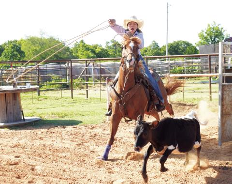 Audrey Fish, breakaway roper from Wellston, rides her horse “Studless” and practices roping calves in preparation for the International Finals Youth Rodeo, which starts Sunday in Shawnee. For more photos &amp; stories see page 6B. Photo/Jentezen Smith.