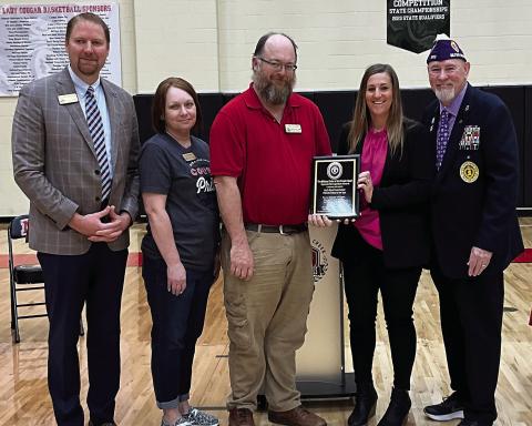 From left, North Rock Creek Superintendent NRC Superintendent Blake Moody, Ladina Spradlin, Shawn Singleton, Ashlyn Jones, Chief Master Larry Van Schuyver with Military Order of Purple Heart OKC chapter 902