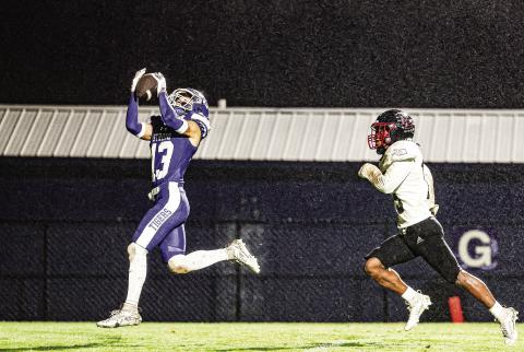 Aiden Collins (13) gets behind the Luther defense for his weekly over-the-shoulder highlight reel catch. Photo/Beth Young