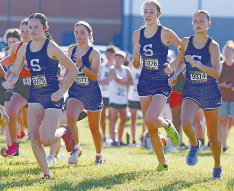 Memers of the Stroud girls cross country team take off with the gun at the Stroud meet earlier this season. Pictured at Jordyn Neely (9375), Laney Manion (9377), Sophie Young (9376) and Jaelyn Ashpaugh (9374). Photo/Beth Young
