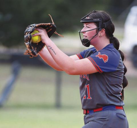 Kennedy Allen grips a pitch during Chandler’s championship game win over Prague in the 66 Conference tournament. Photo/Brian Blansett