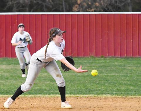 Meeker softball player Kaycee Babek, making a toss to second base for a forceout, was chosen for the Oklahoma Native All-Stte Games. Backing up the play is Callie Seelers, who was chosen for the Games in Cross Country, along with Stroud’s Madison Ham.
