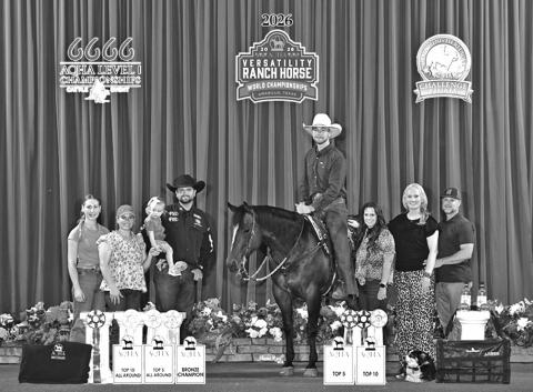 On the horse is Dawson Mitchell, surrounded by several awards he won at the recent Versatility Ranch Horse World Champsionship and his friends and family. He sits on Pete, who placed seventh overall at the champsionship. Photo Submitted by Courtney Gaylord.
