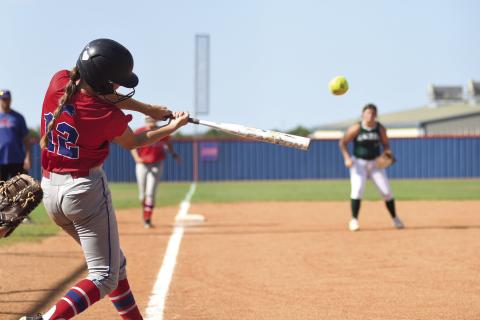 Hadlee Massengale crunches a bases-loaded double for Chandler during the Lady Lions’ first-round win over Seminole in the 66 Conference Tournament on Thursday. She finished the tournament with seven hits. Photo/Brian Blansett