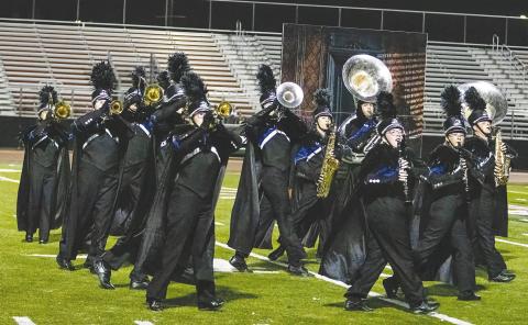 The Pride of Chandler performs “The Raven,” in the finals at the Oklahoma Bandmasters Association 1A to 3A State Championships on Oct. 12. They won the 2A State Champ title in the prelims while also picking up awards for General Effect and Visuals. The band placed 11th out of 12 in the finals. Photo/Jennifer Pryor