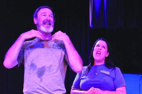 In the photo on the left, David Timmons and DaNae Peters perform a scene of “Drop Dead!” On the right, Chris Reed plays Dick Scorcese/Inspector Mounds in “Drop Dead!” Photo/Emily Kalka