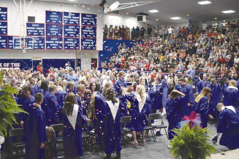 The Chandler High School Class of 2024 celebrates at the end of its graduation ceremony on Friday at the Freeman Fieldhouse. Graduation was just one of the highlights of Chandler’s annual alumni weekend. This year’s festivities expanded to include a bowling tournament, along with the usual golf tournament, poker run, parade, banquet and parties. For more photos from the Chandler Alumni Weekend, see Page 2A. Photo/Emily Kalka