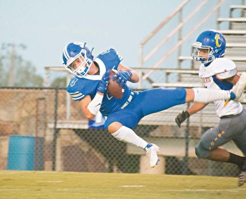 Dylan Collins comes down a pass for Stroud against Choteau Friday night. He caught three passes on the night for 69 yards. Photo/Chelsea Weeks