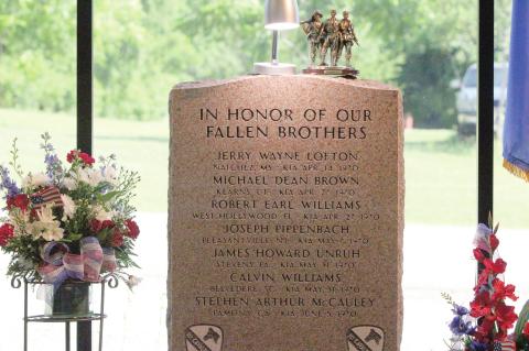 In the top photo is a memorial stone that the A Company Ace High 22/12 Calvary in the 1st Air Cavalry placed in the Route 66 Interpretive Center. Bob Gallagher and Donald Stewart are seen, on the bottom left, sitting together catching up. Doyle Miller, on the bottom right, is seen looking around at the various veterans and family members that came to the reunion. Photos/Lily Huff