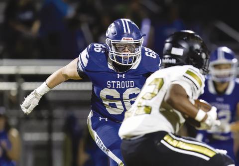 Stroud lineman Brandon McNeill is focused on the Beggs ball carrier as he breaks into the backfield Friday night. Photo/Rick Hester