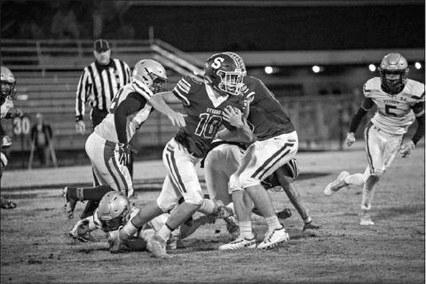 Gage Parrick sets off on one of his 10 carries for Stroud. He finished with 215 yards and four touchdowns. Photo/Tommie Marshall