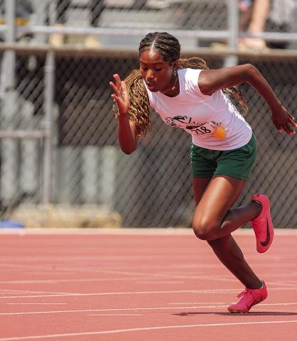 Chandler sophomore-to-be Brooklyn Hammons took second in the 100-meter dash at the youth USATF Youth Club Championship meet in Jenks on Saturday. Competing with the Tulsa-based Oklahoma Jaguars, she ran a 13.47 in the 100, took third in the 400 and fourth in the 200. Photo/Mario Holland