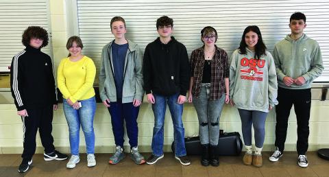 North Rock Creek High School recently announced its students of the month. Students are nominated by their teachers based on who promotes a positive school culture through actions and decisions. From left are Logan DeFontaine (9th), Olivia Yohe (9th), Braden Hibler (10th), River Norton (11th), Faith Warren (11th), Jaidyn Medley (12th), Devon Haney (12th). Not pictured is Emma Degman (10th)