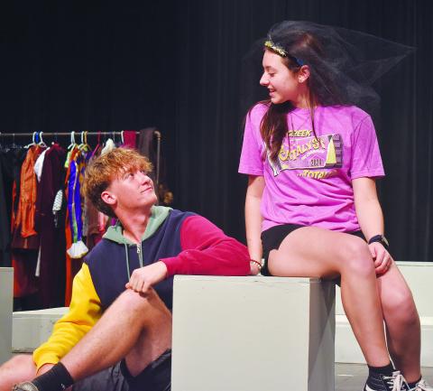 Abover, Chandler junior James Kerr, left, and sophomore Caballa Reno, right, play Hamlet and Ophelia in a scene from Chandler High School’s one-act, “How to Survive Being a Shakespeare Play.” The troupe competes in regionals on Oct. 10. Photo/ Below, freshman Cooper Lincoln and sophomore Alexis Birney play couple Chris and Ann from Arthur Miller’s “All My Sons.” The school is competing in one-act regionals on Oct. 15. Photos/Emily Kalka
