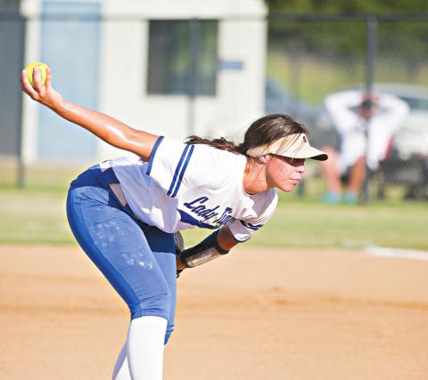 Jadyn working in the circle in her no-hitter against Meeker. Photo/Brian Blansett