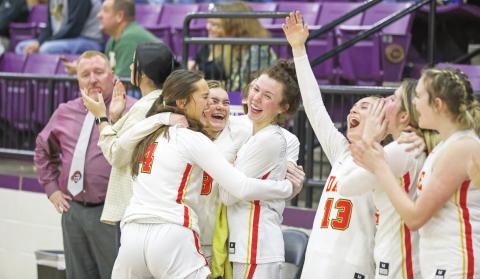 Dale’s four seniors - Addie Bell, Faith Wright, Justyce Shirey, and Makenzie Gill (13) - celebrate as time expires in the area finals. Photo/Rick Hester