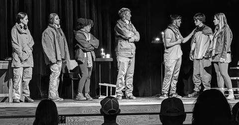 The cast of “In Darkness, Audio Flowers Bloom”. From left to right, Mae Solomon, Cabella Reno, Zayli Jackson, James Kerr, Weston Miller, Zeke Hicks and Hannah Davies. Photo/Jennifer Pryor