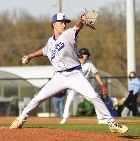 Bryson Taylor delivers a pitch Monday against Meeker. Photo/Brian Blansett