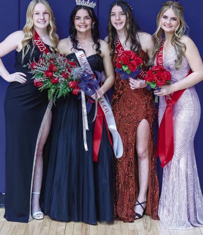 Junior Kali Beall was crowned Chandler’s basketball Homecoming queen last week prior to the Lions’ game with Stroud. She is pictured avove with Hannah Edmonds, left; Jaylee Ventris and Makinlee Metheny, far right. Photo/Mario Holland