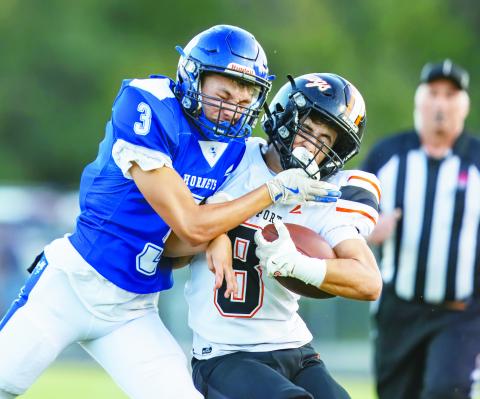 Davenport’s Aydan Stancell (8) is knocked out of bounds after a good gain. Photo/Rick Hester