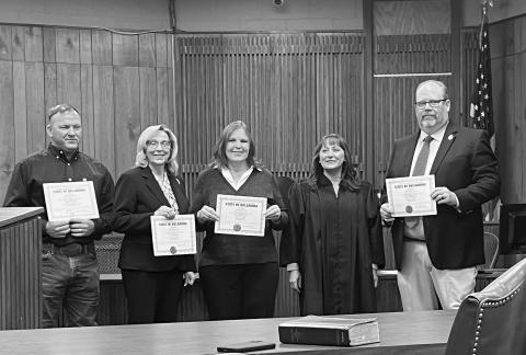 Elected officials in Lincoln County weresworn in last Thursday by District Judge Sarah Bridge. From left are District 2 Commissioner Marlon Miller, Court Clerk Cindy Kerby, County Clerk Alicia Wagnon, Judge Bridge and Sheriff Kevin Garrett. Photo/provided