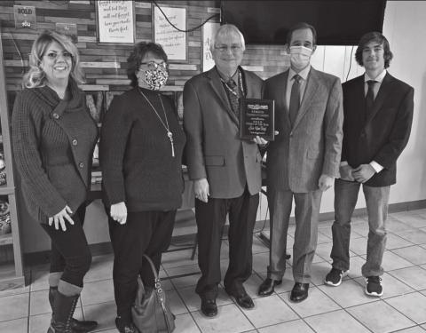 Pictured above from left to right, Stroud Chamber of Commerce Vice President Cathy Ramsey, Mary Kay Van Tuyl, Stroud Superintendent Joe Van Tuyl, Stroud Chamber of Commerce President Kyle Anderson and Junior Chamber of Commerce President Logan Miller. Photo/submitted.