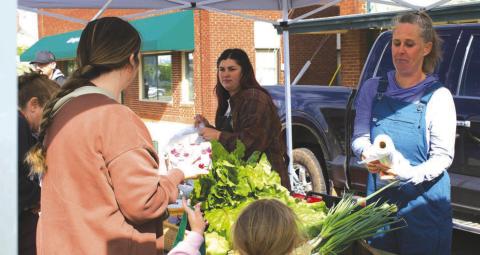 A customer speaks with a vendor selling produce at the Chandler Farmers’ Market held on April 4 next to the courthouse. Photo/Emily Kalka