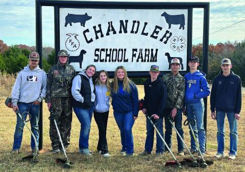 Last week, the Chandler FFA chapter conducted its annual fire hydrant weed eating. Students cut grass around the hydrants for easier access in case of an emergency and also picked up trash. Pictured above at the school farm are Aiden Rednour, Jackson Frank, Riley Shafer, Ava White, Jillian frank, Caden Burbach, Weslyn Seward, Landon Harkins, Tanner Vaughn.
