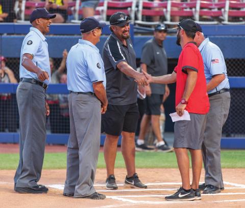 David Griffin, left, and Chance Griffin shake hands before the state finals Saturday nght. Photo/Rick Hester